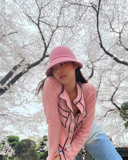 jennie踏春赏樱花全身粉衣十足少女气息