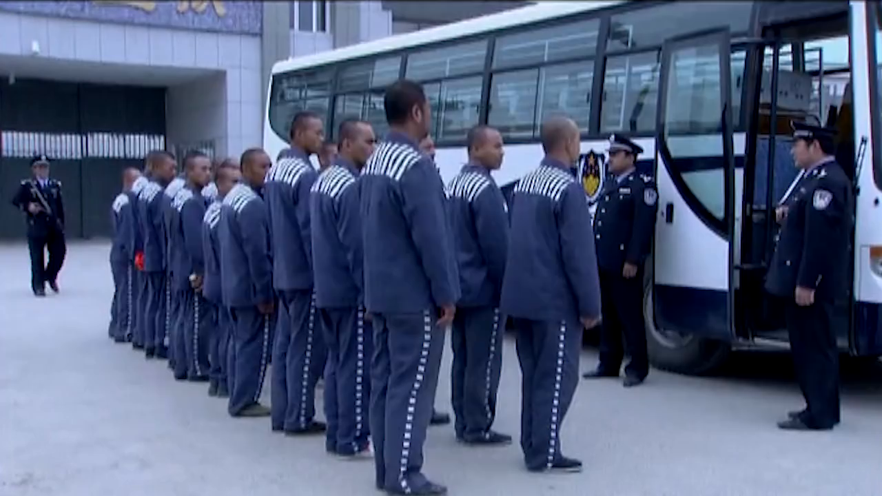 大漠高墙:监狱转运犯人,用大巴车,犯人井然有序的排队集合