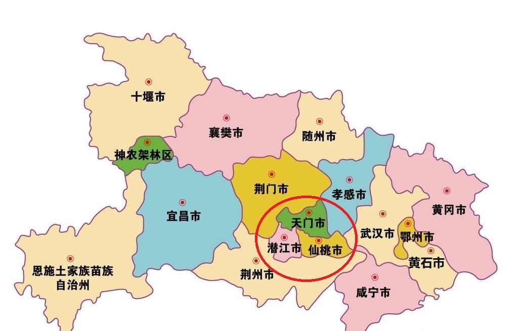 湖北省天门,潜江,仙桃三市位于江汉平原的腹地,它们在地图上面的位置