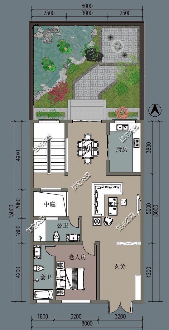 8米开间进深13米两边不能开窗要有老人房该如何设计