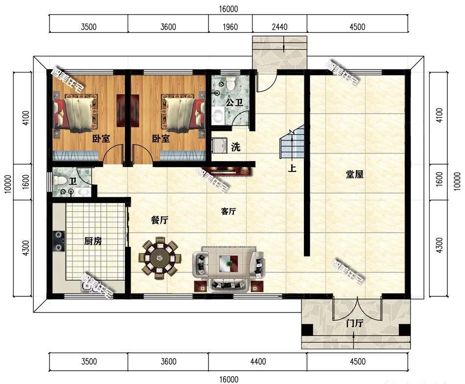 带大堂屋设计的两层别墅面宽16米实用型住宅