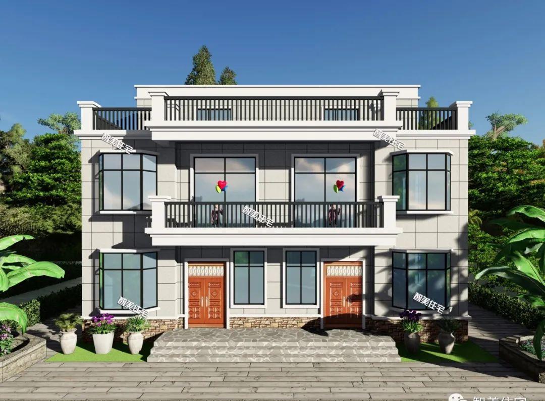 面宽14米左右,平屋面设计的双拼别墅,不用罗马柱也很好看