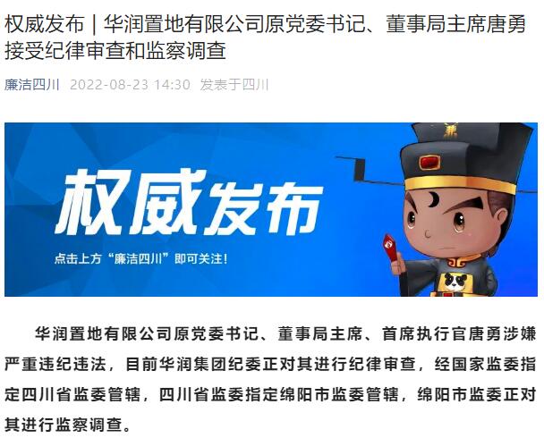 华润置地原董事局主席唐勇接受审查,曾执掌华润置地成都公司11年休闲区蓝鸢梦想 - Www.slyday.coM 华润置地原董事局主席唐勇接受审查,曾执掌华润置地成都公司11年休闲区蓝鸢梦想 - Www.slyday.coM