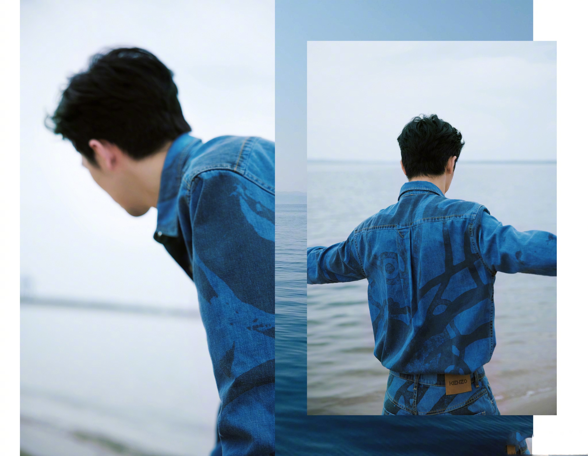 许魏洲分享库存大片,身穿深蓝牛仔套装,展现立体俊逸