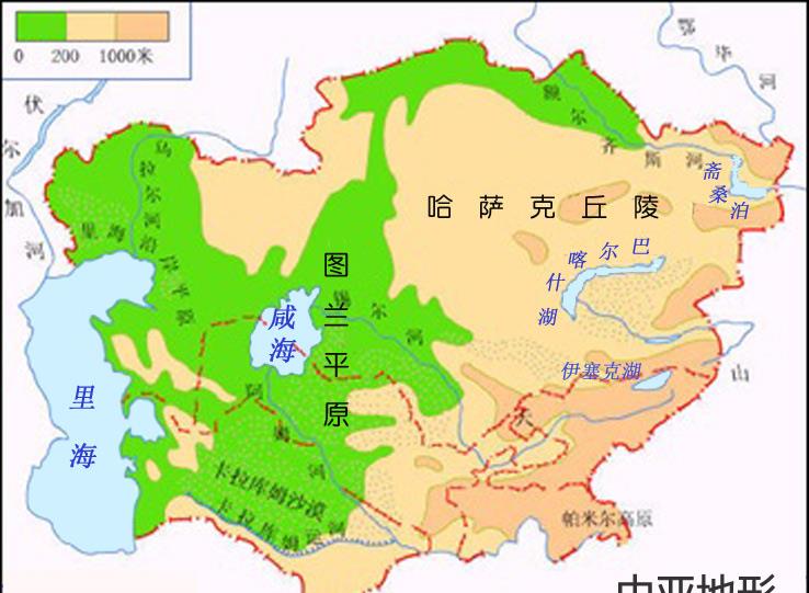 中亚地形图上述湖泊面积都在5000平方公里以上,相比之下,我国的青海湖