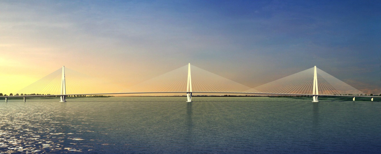 我国打造的长江大桥,大桥是双索面三塔组合梁斜拉桥,长4.1公里