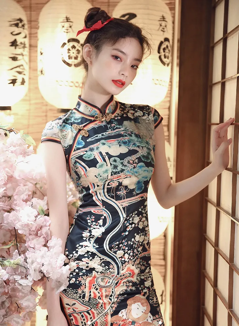 旗袍女人:长款少女旗袍,国潮短裙,烈焰红唇丸子头,美艳可爱|旗袍|长款