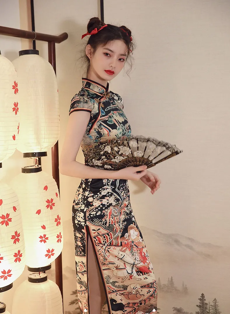 旗袍女人:长款少女旗袍,国潮短裙,烈焰红唇丸子头,美艳可爱|旗袍|长款