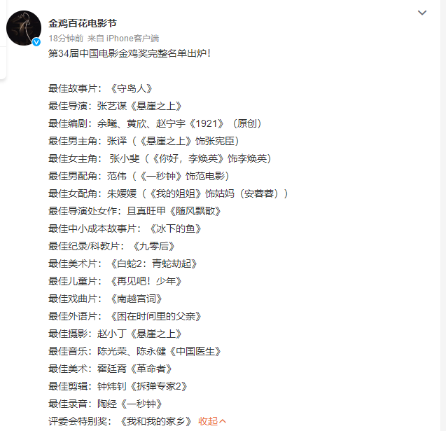 金鸡奖获奖名单引热议，张小斐张译拿下男女主角，贾玲最为可惜休闲区蓝鸢梦想 - Www.slyday.coM