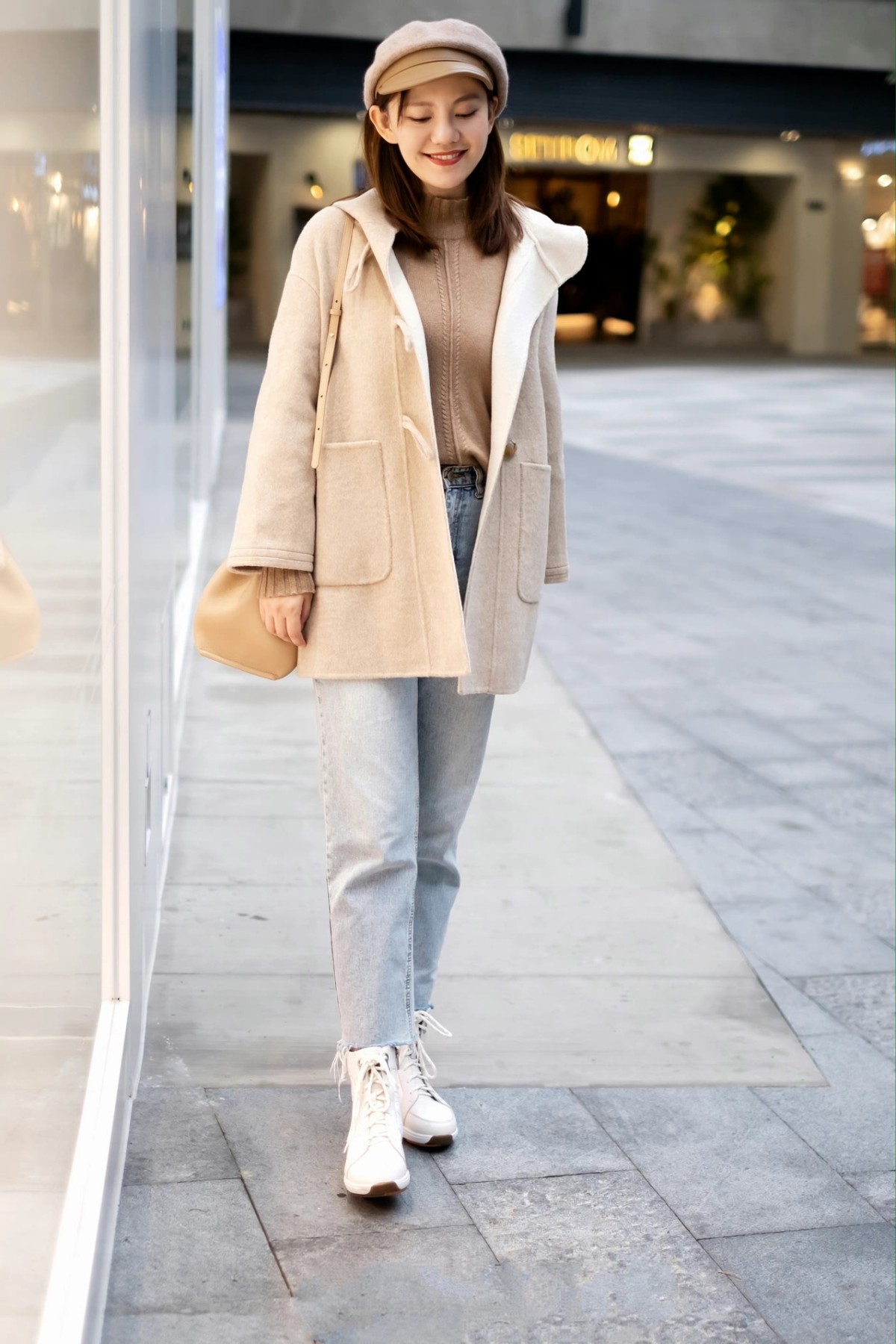 大衣 毛衣 直筒裤