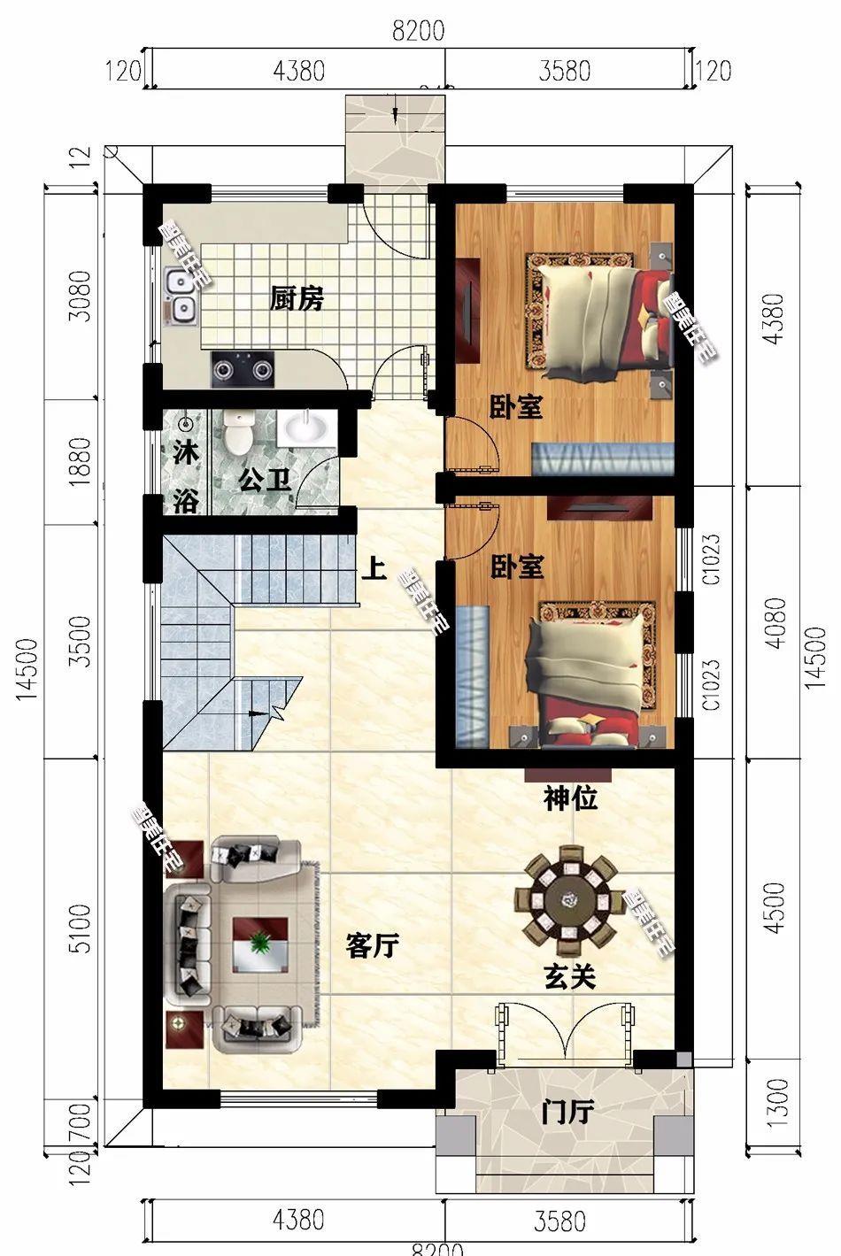 户型一:8.2×14.5米,两开间设计,外墙面用红色小