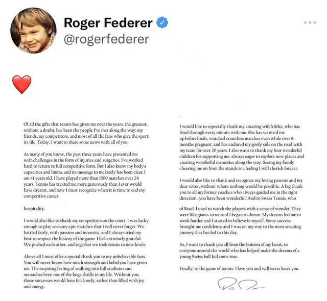 传奇落幕!41岁网球天王费德勒宣布即将退役,结束长达24年职业生涯休闲区蓝鸢梦想 - Www.slyday.coM 传奇落幕!41岁网球天王费德勒宣布即将退役,结束长达24年职业生涯休闲区蓝鸢梦想 - Www.slyday.coM