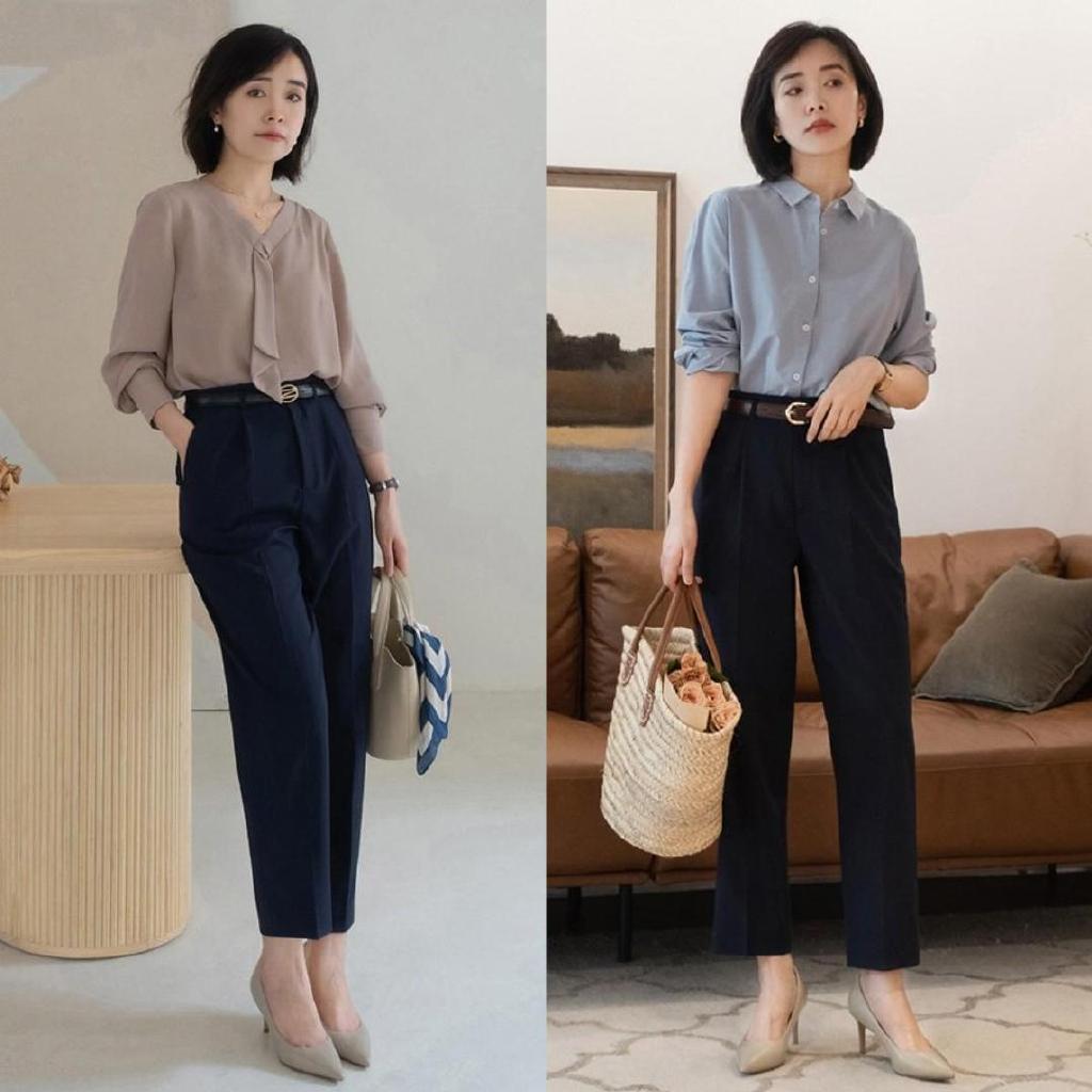 在通勤穿搭中,女性朋友们可以选择纯黑色的烟管裤进行搭配,非常经典