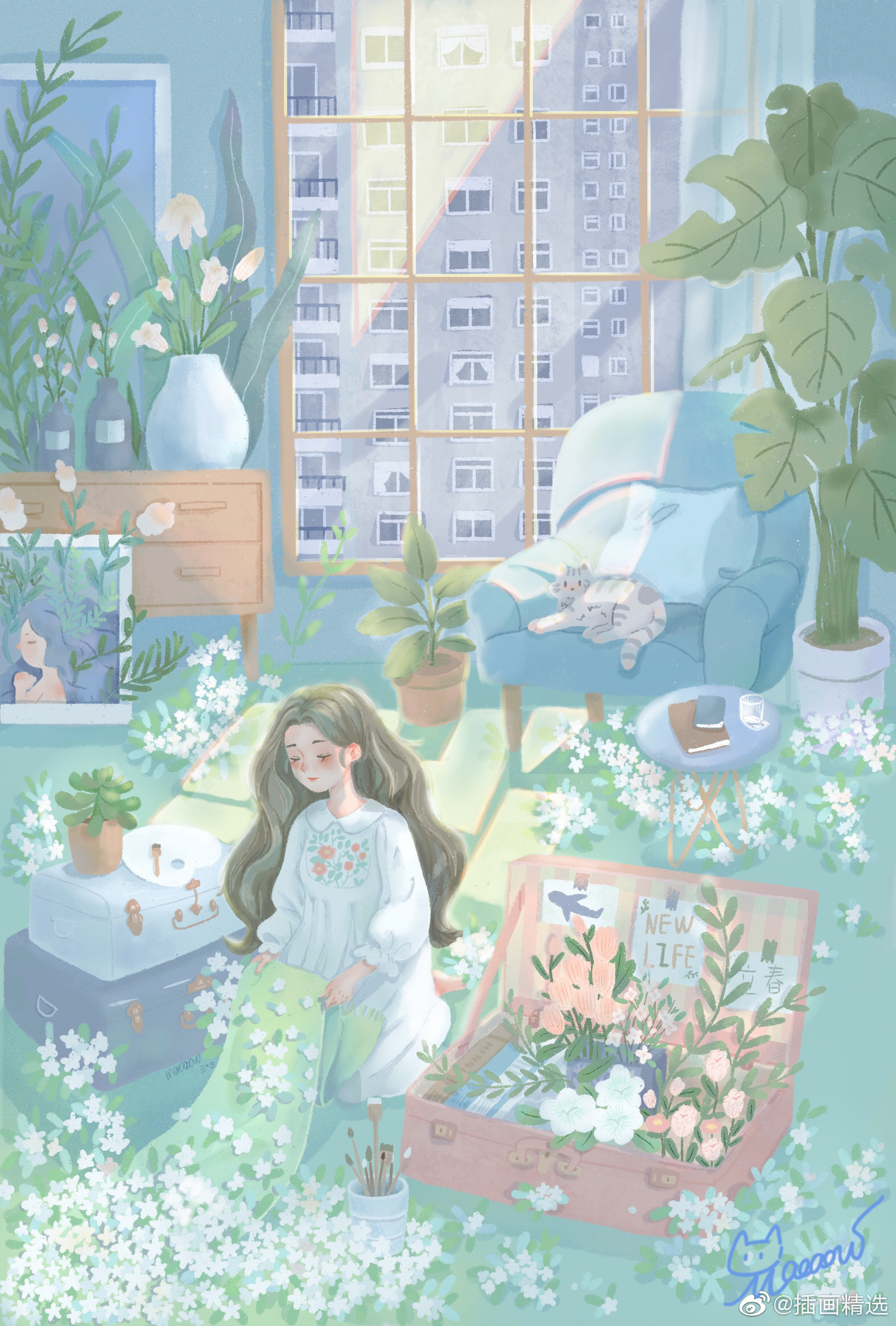 温柔的生活日常插画-画面的配色柔和美好通过柔美的笔触将生活刻