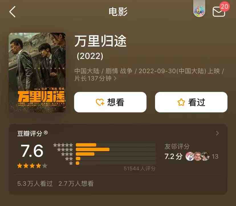 国庆档票房第一，《万里归途》豆瓣7.6分，上映两天票房接近3亿休闲区蓝鸢梦想 - Www.slyday.coM