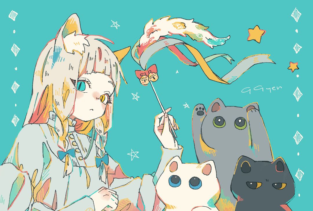 风格简约不拘一格的猫系少女插画配色鲜艳灵动跳跃