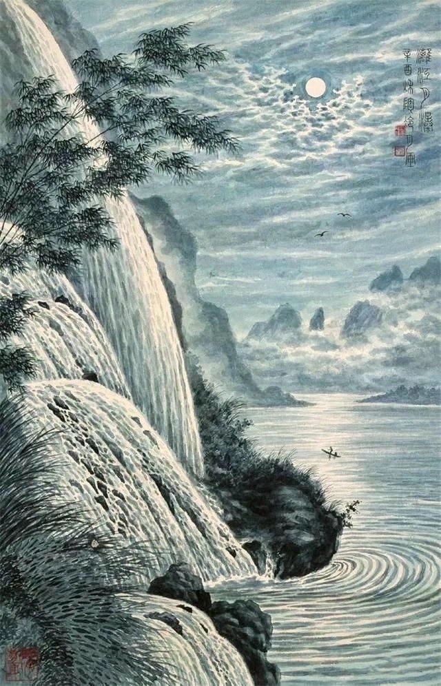 陶冷月笔下的听瀑图月色撩人
