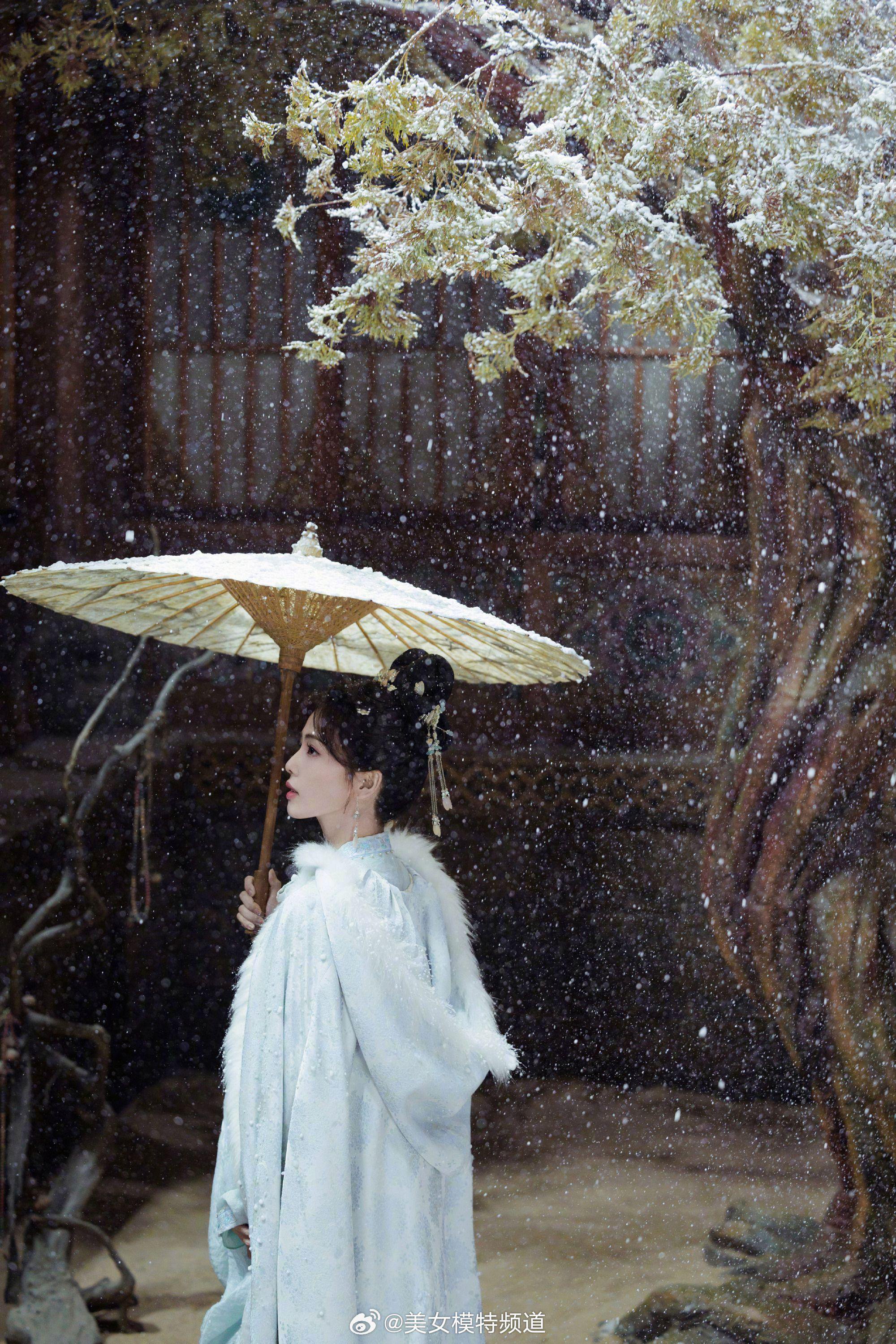 白鹿雪景撑伞唯美古风大片