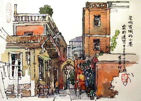 来自艺术家张安朴建筑钢笔淡彩画作