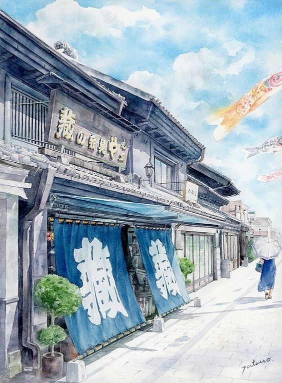 来自日本艺术家tatsuo shibuya 的建筑水彩画作
