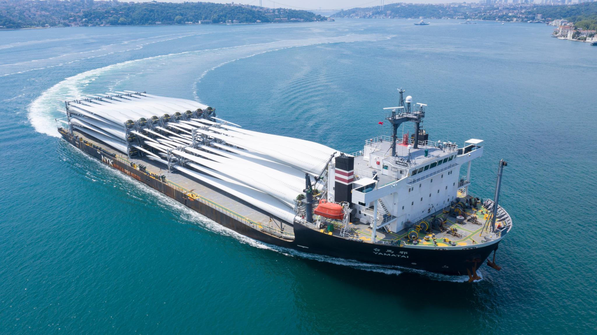 日本邮船株式会社nyk的 mv yamatai号搬运57片风力发电机