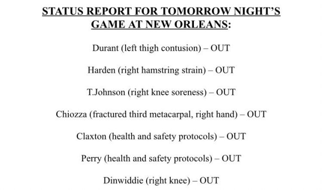 官宣!杜兰特哈登因伤休战,篮网多达七人缺阵欧文将单核出战鹈鹕