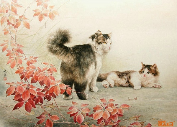 栩栩如生的工笔画猫花丛树间扑蝶嬉戏更显灵性