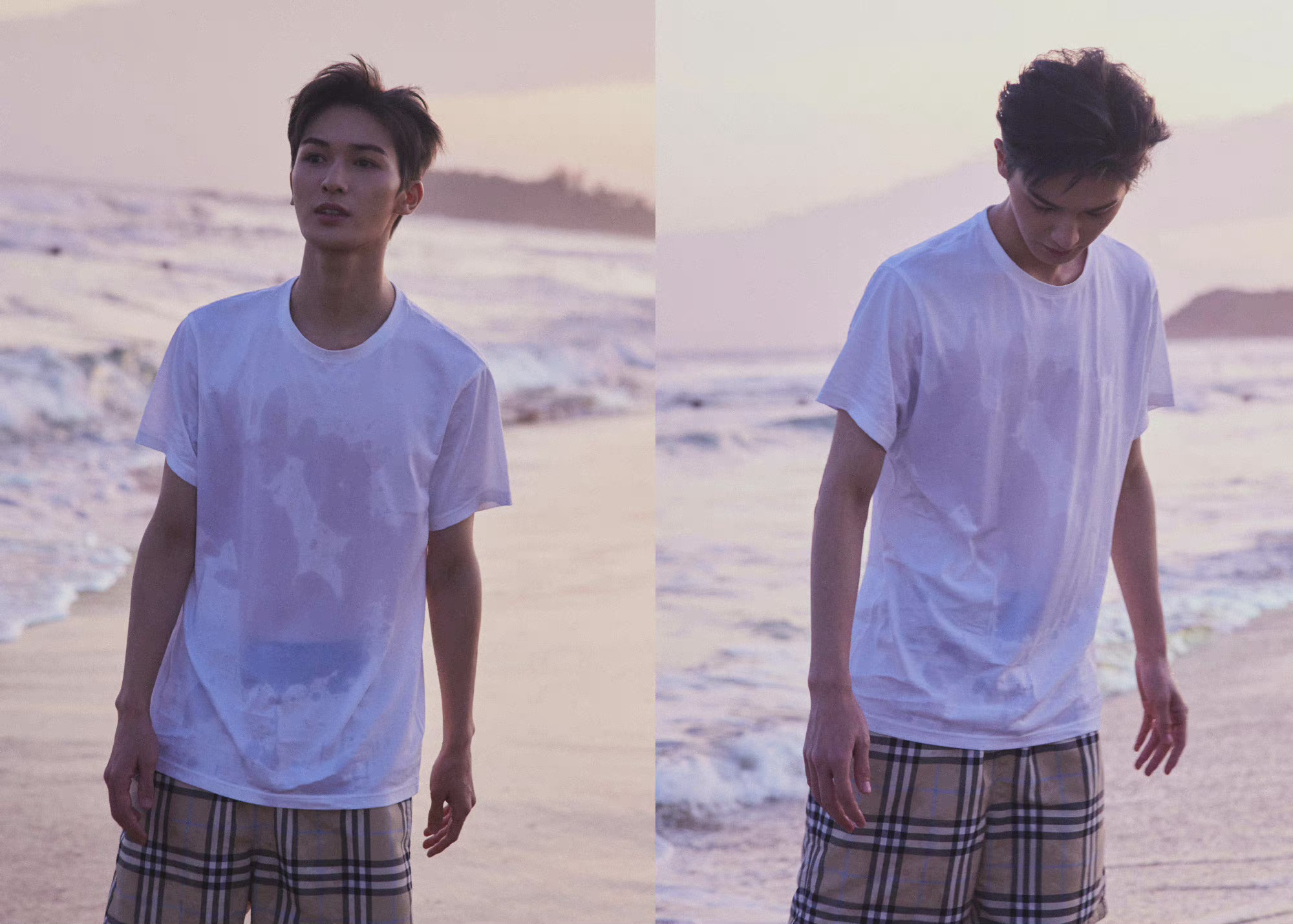 朱正廷海边照简单的短袖短裤海边氛围感也很绝