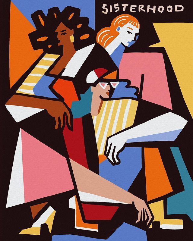 擅长用抽象的几何图案和线条拼接以及明暗对比来描绘人物形象,色彩