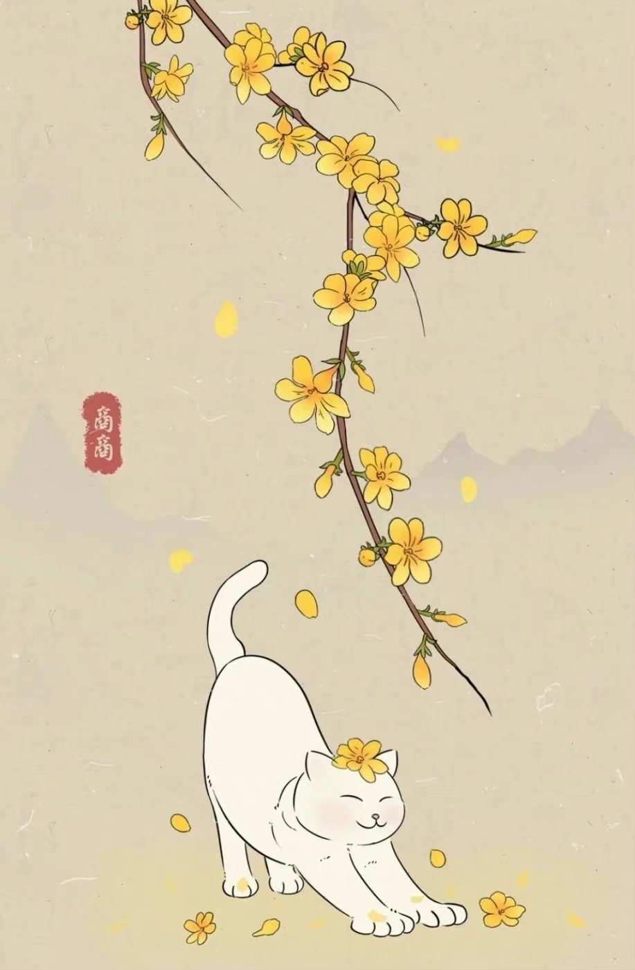 雪猫戏扑风花影 古风场景插画 画师__财经头条