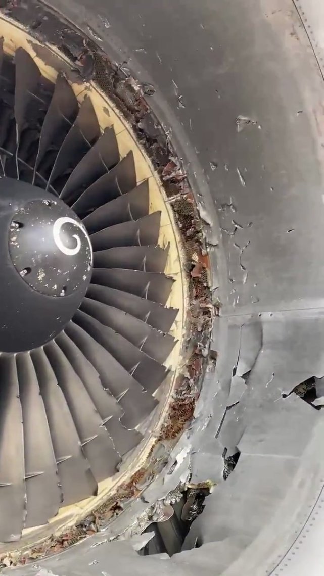其中画面显示飞机的一个发动机被撞击后出现了大面积的破损,有很多