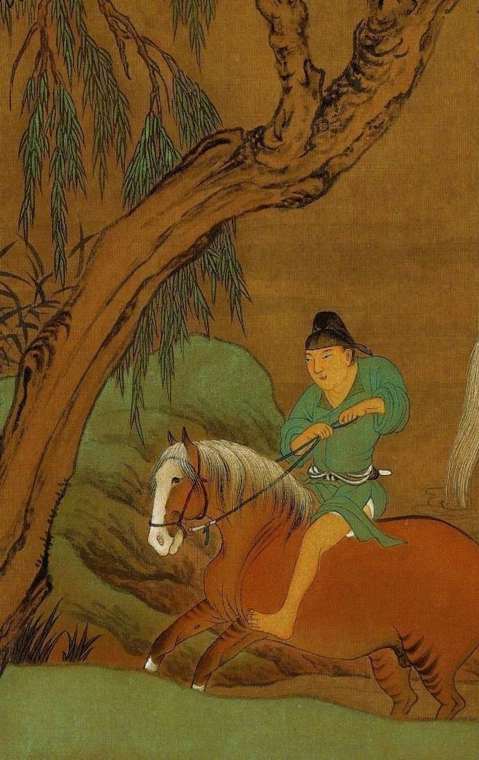 赵孟頫浴马图图分入池洗浴出池3段描绘了奚官浴马的情景