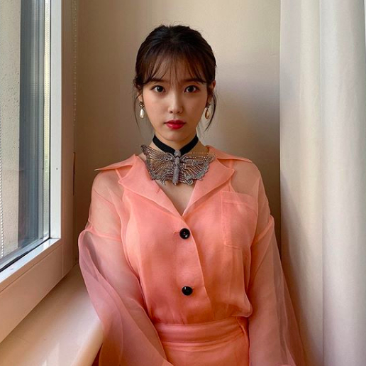 李知恩iu身穿粉色薄纱长裙气质温暖写真