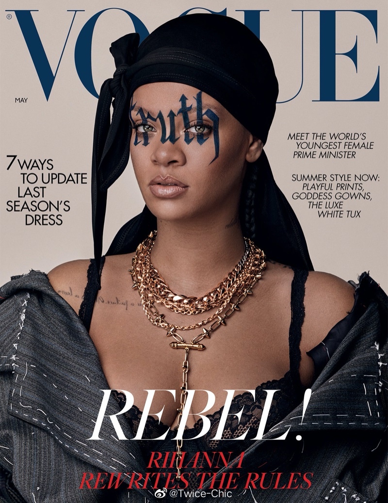 蕾哈娜rihanna x vogue 英国5月刊封面 | 黑色头巾,字母眼妆