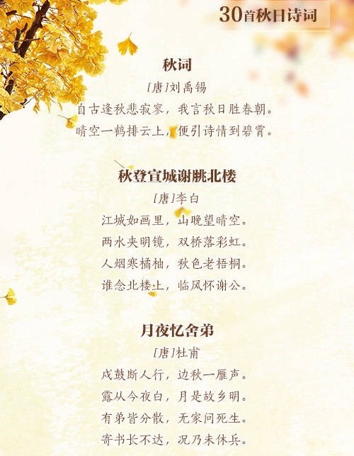 30首 · 秋日诗词 最美古风古诗词 11月06日 08:30 确定不再关注慈怂