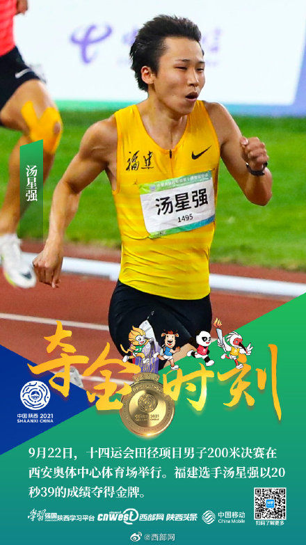 福建选手汤星强夺得十四运会田径男子200米冠军