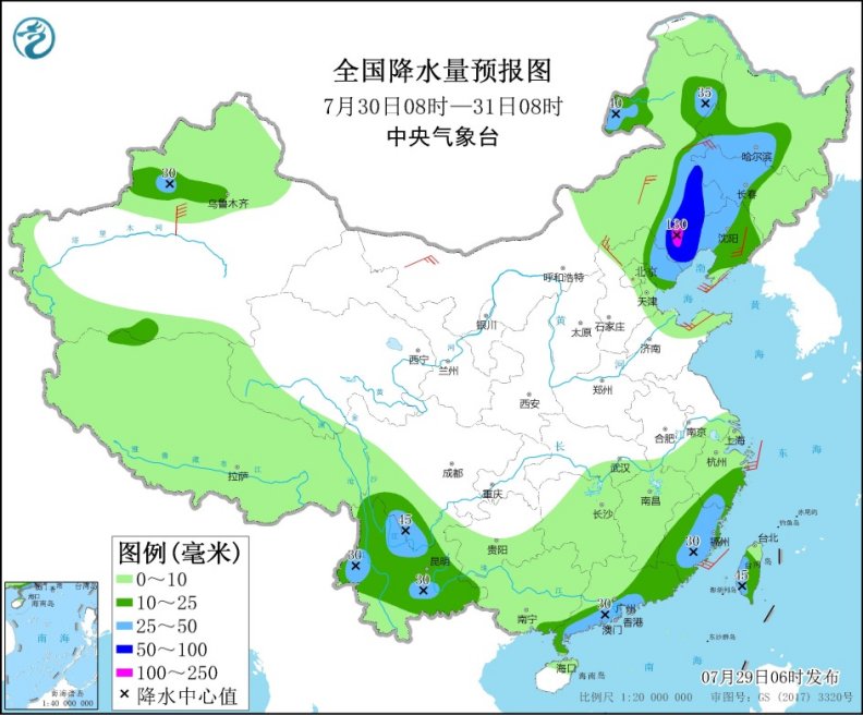图3 全国降水量预报图(7月30日08时-31日08时)7月31日08时至8月1日08