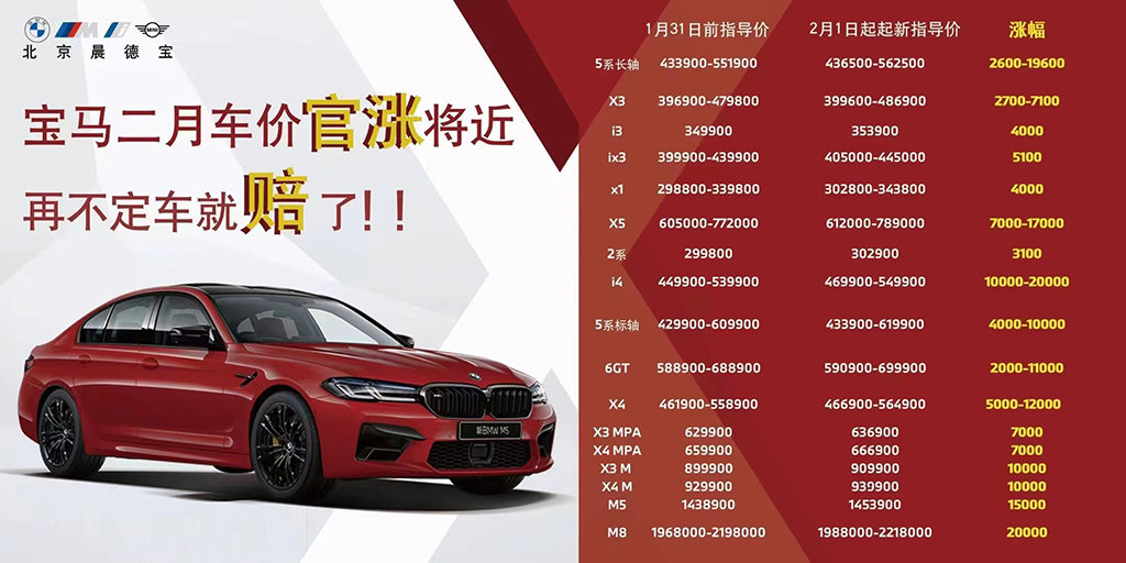 为了巩固销冠宝马在中国市场即将涨价