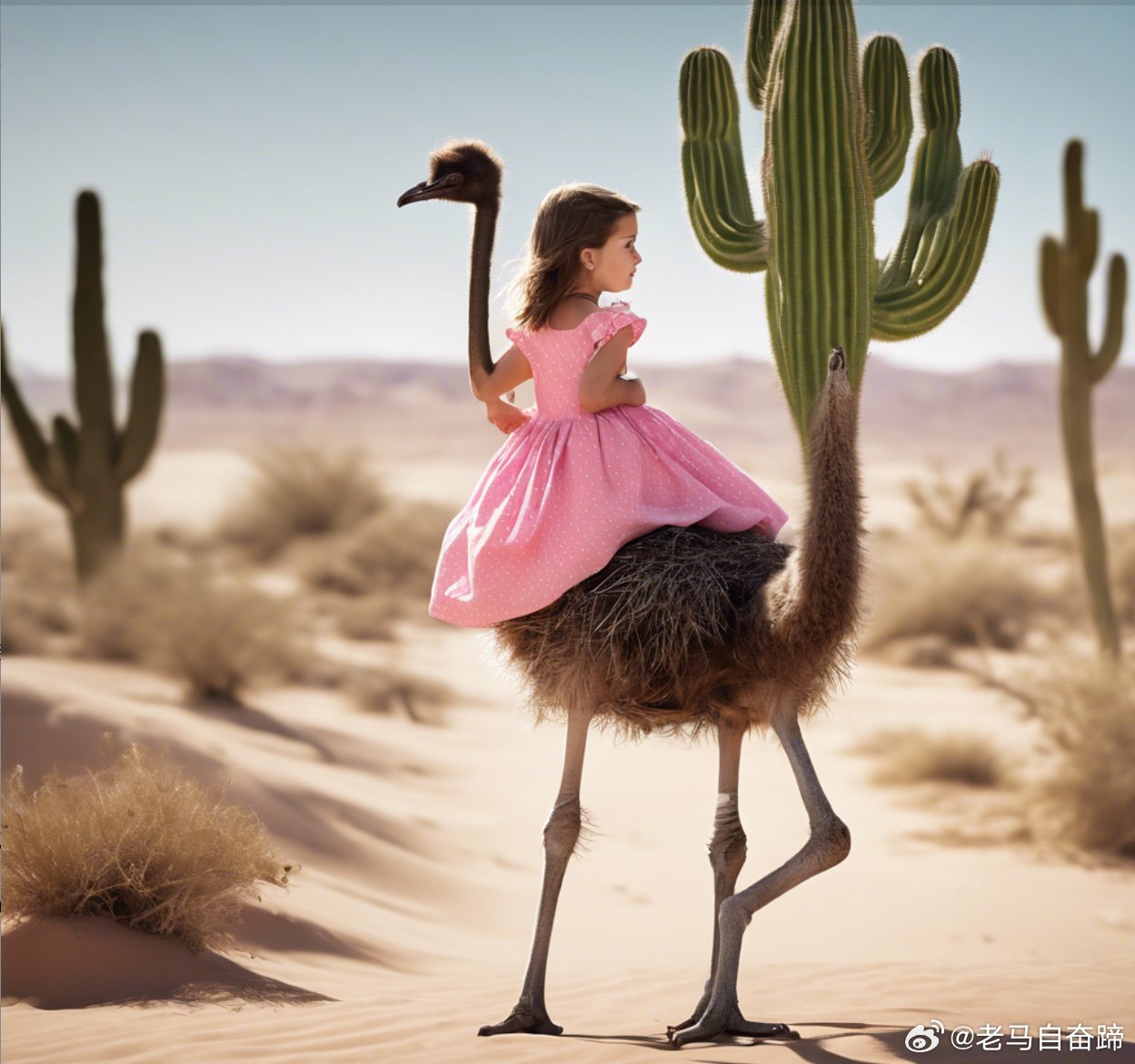 还是图片生成厉害一些, 生成一张小女孩拿着仙人掌骑在鸵鸟上的高清