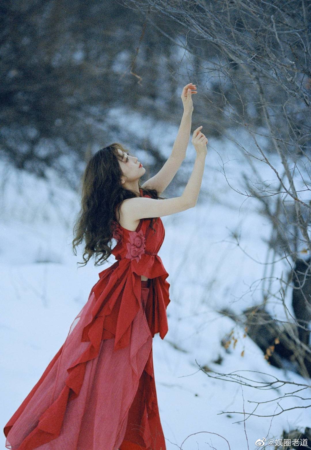 虞书欣一袭红裙坐在雪中画面超美犹如红衣天使