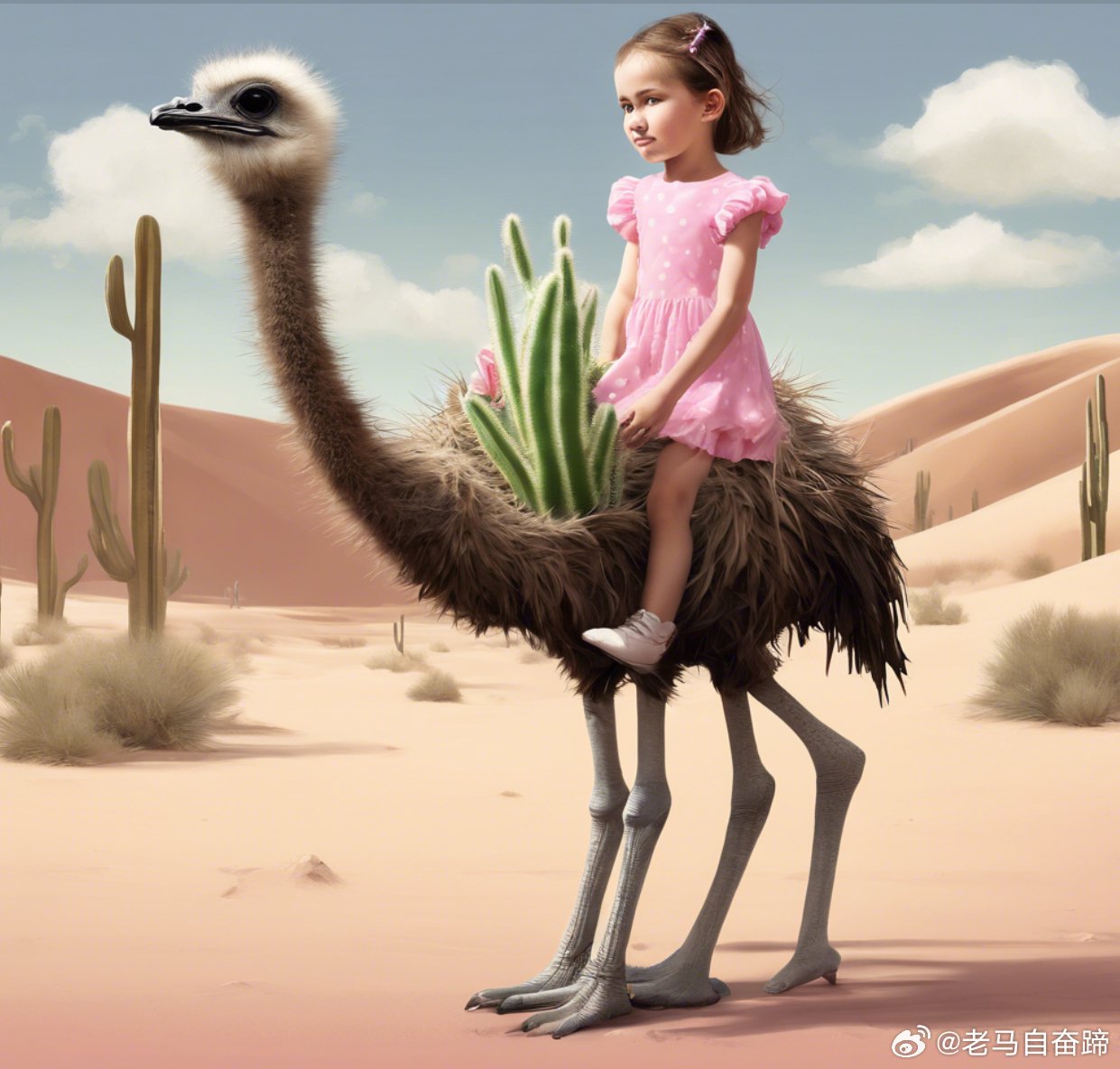 还是图片生成厉害一些, 生成一张小女孩拿着仙人掌骑在鸵鸟上的高清