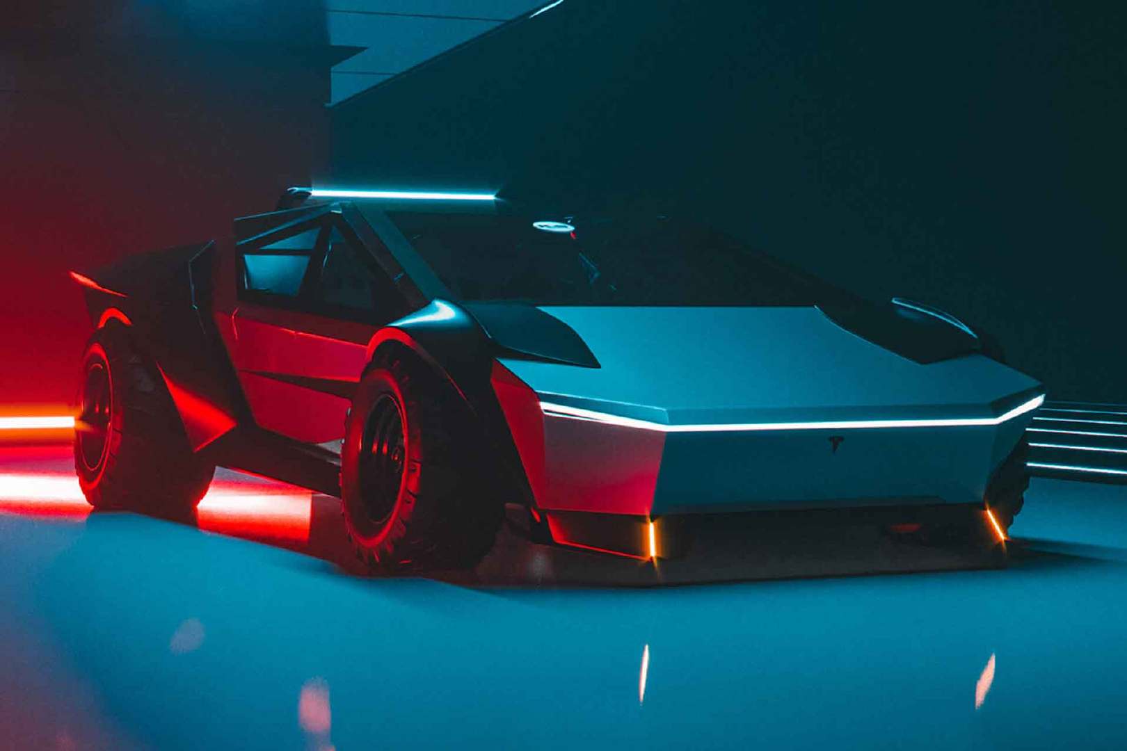 特斯拉电动皮卡魔改版,后面的轮胎藏在了箱板的下面