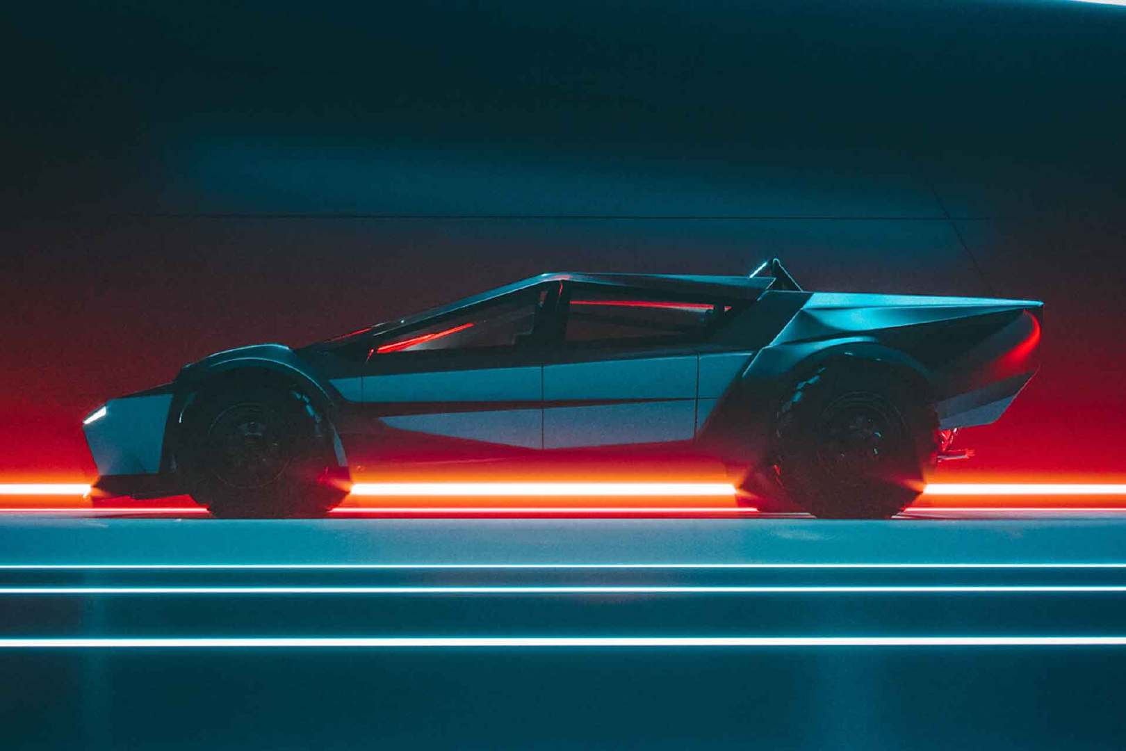 特斯拉电动皮卡魔改版,后面的轮胎藏在了箱板的下面