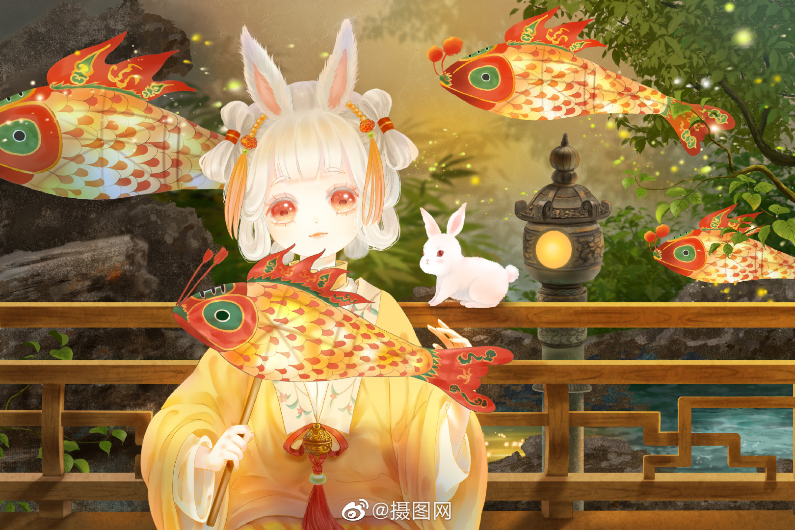 快和图图回家吧~中秋节兔子拟人插画,兔子小姐邀你一起赏月~   版权by