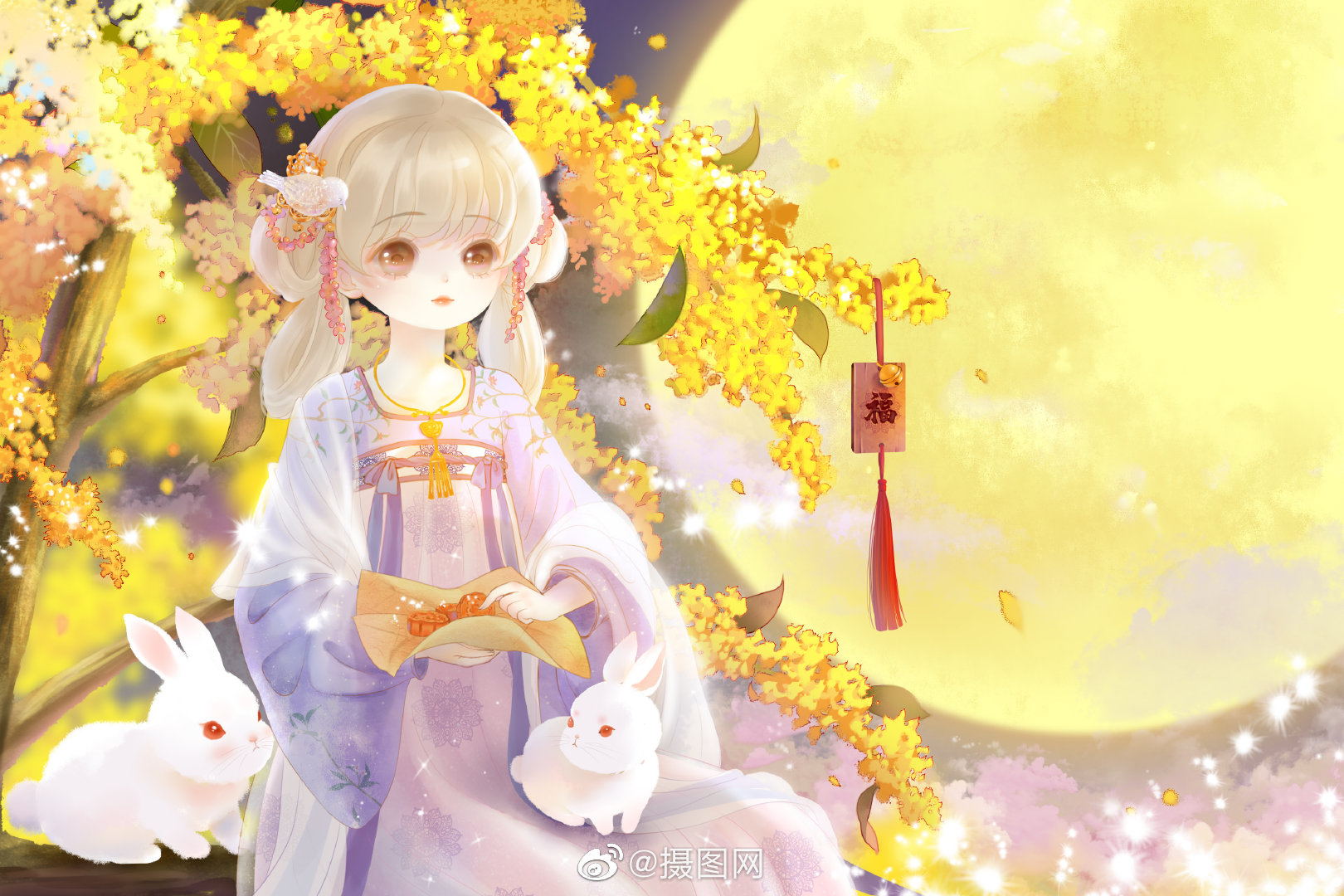 快和图图回家吧~中秋节兔子拟人插画,兔子小姐邀你一起赏月~ 版权by摄