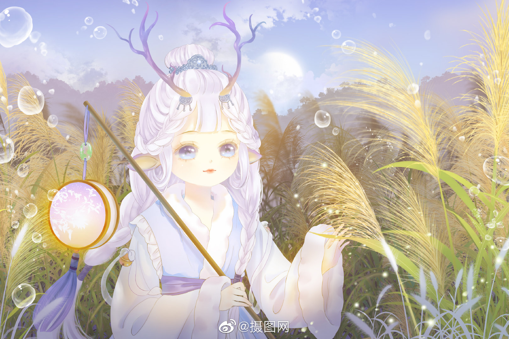 快和图图回家吧~中秋节兔子拟人插画,兔子小姐邀你一起赏月~   版权by