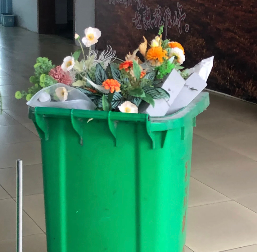 放在垃圾桶里的花