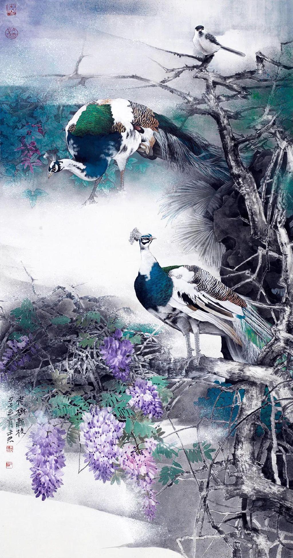 著名画家萧玉田作工笔古诗词画意《孔雀东南飞》