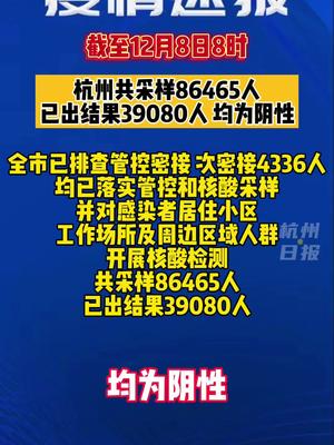 杭州疫情截至12月8日8时杭州共采样86465人已出结果39080人均为阴性