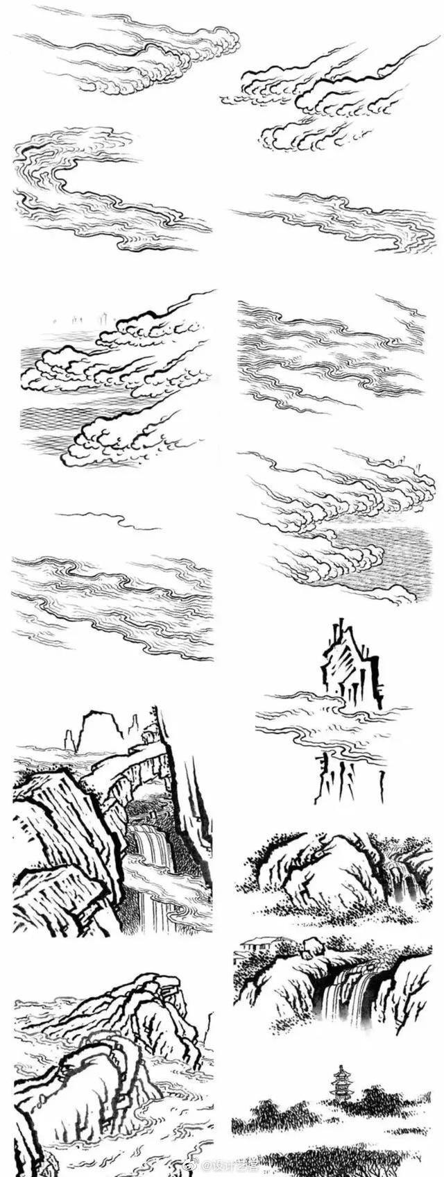 绘画艺术 | 国画线描中的山,水,亭台楼阁等的表现参考. .